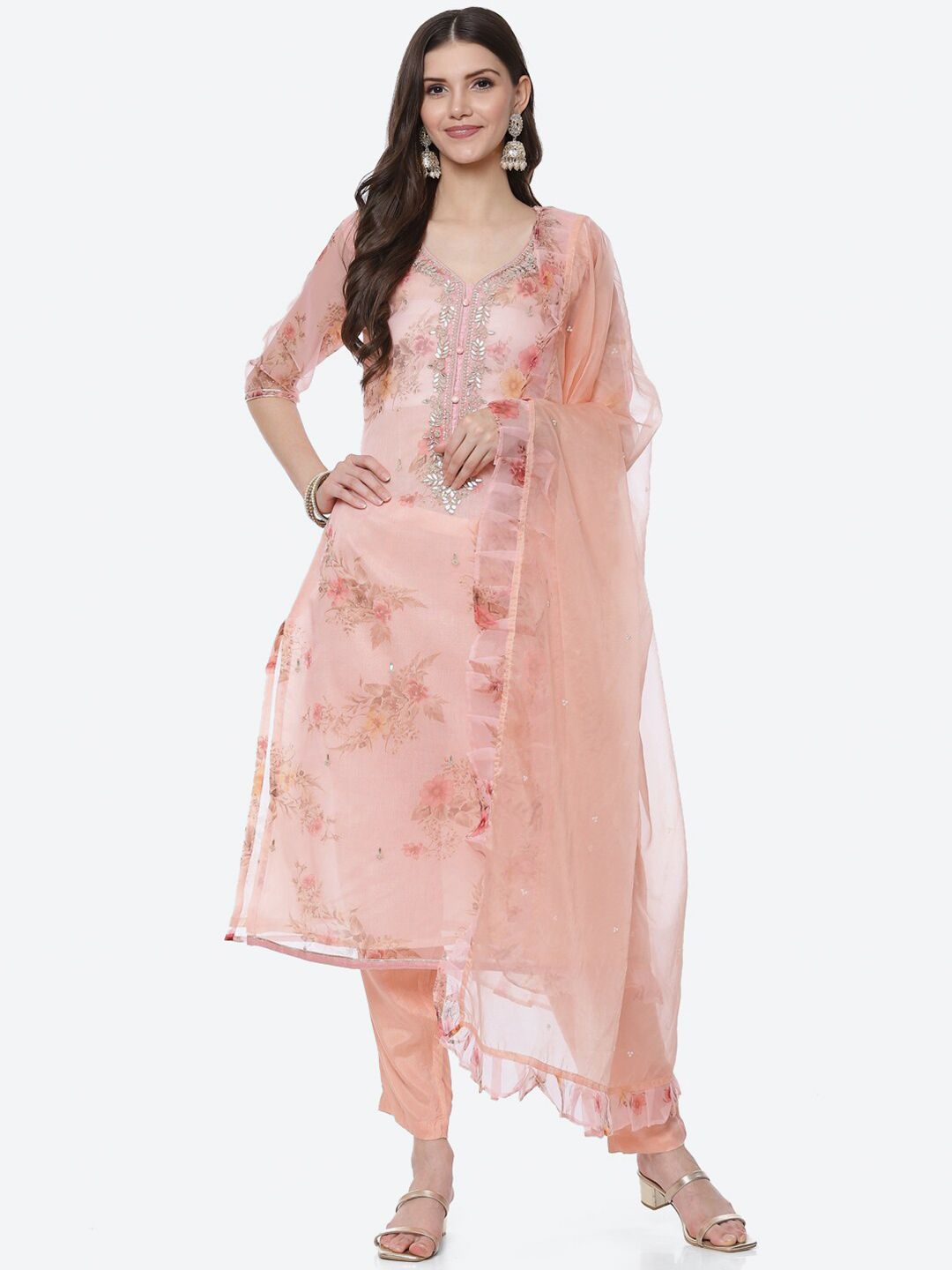 Biba Pink Printed Organza Unstitched Dress Material Price in India