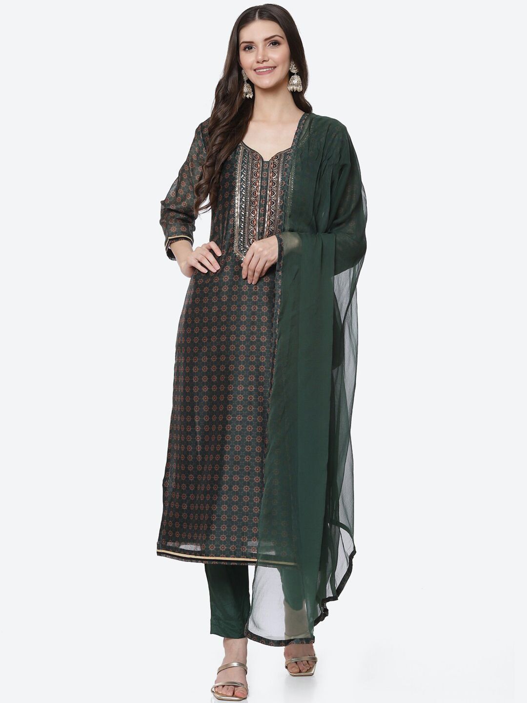 Biba Green Printed Unstitched Dress Material Price in India