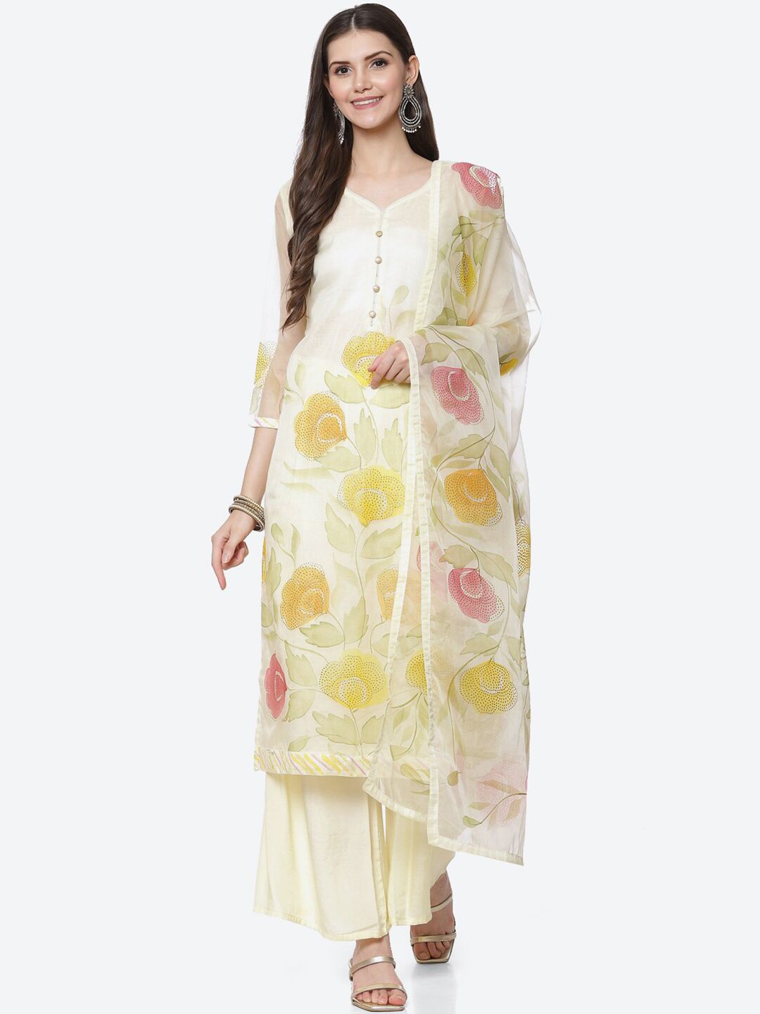 Biba Women Yellow & Pink Printed Organza Unstitched Dress Material Price in India