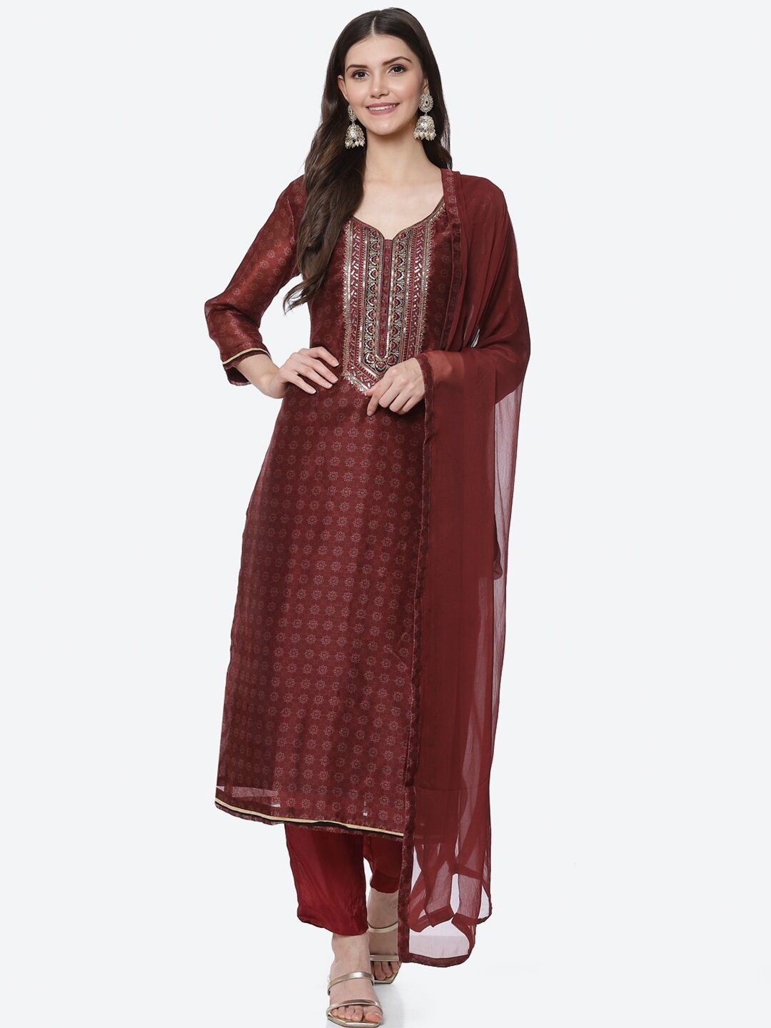 Biba Maroon Printed Unstitched Dress Material Price in India
