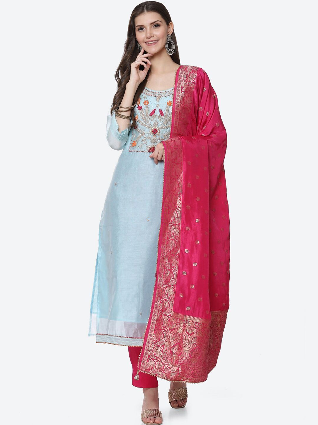 Biba Blue & Red Unstitched Dress Material Price in India