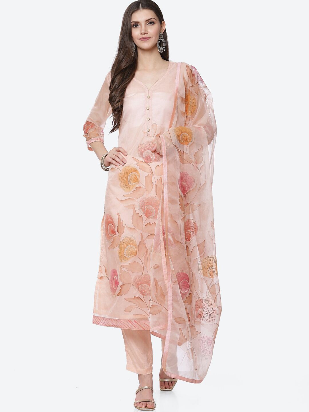 Biba Peach-Coloured & Pink Printed Organza Unstitched Dress Material Price in India