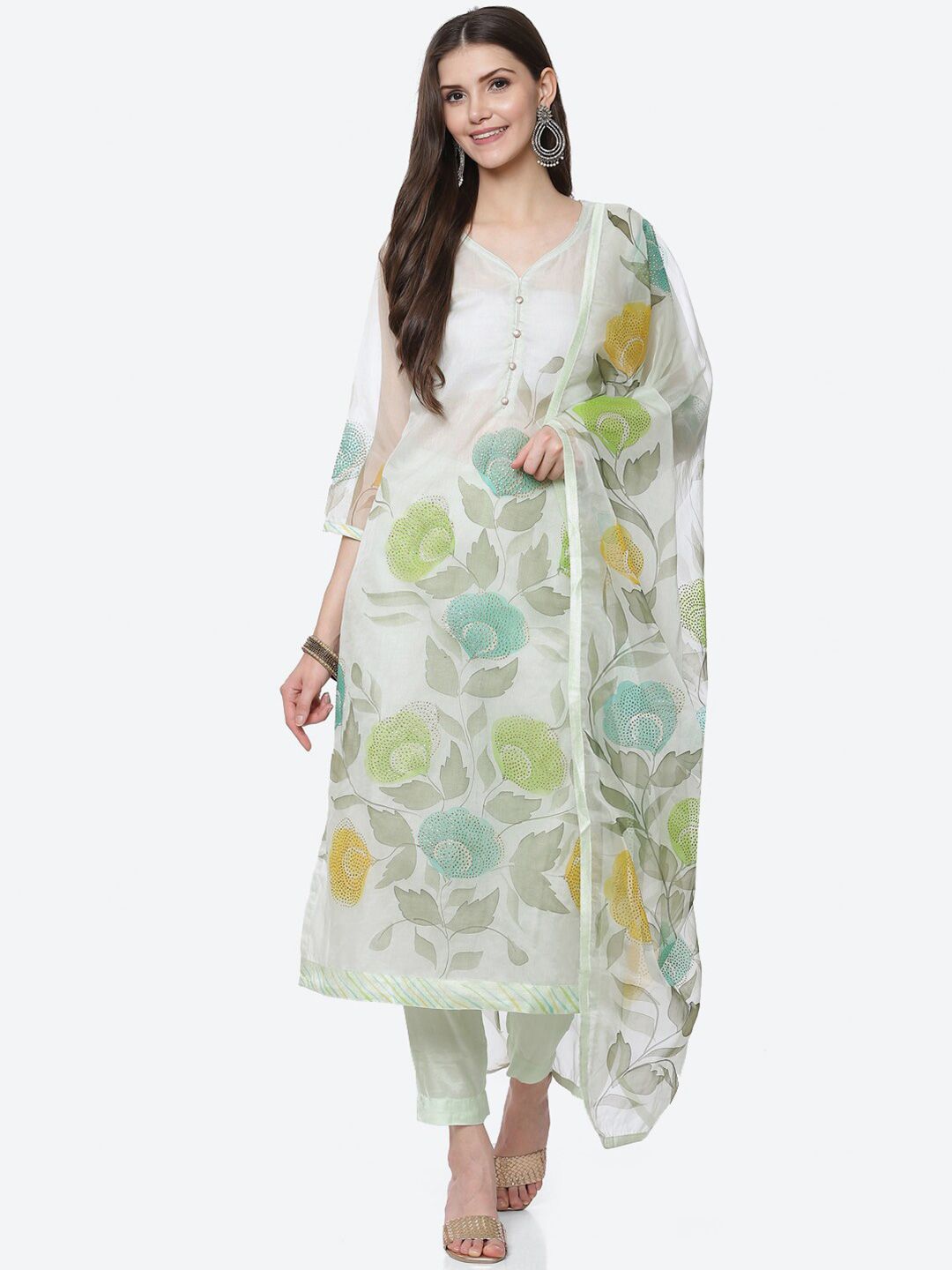 Biba Women White & Green Organza Unstitched Dress Material Price in India