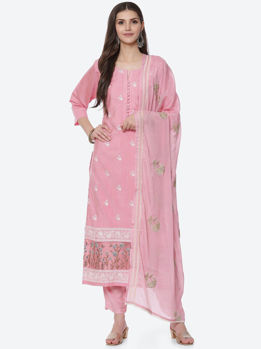 Biba Pink & Silver-Toned Embroidered Unstitched Dress Material Price in India