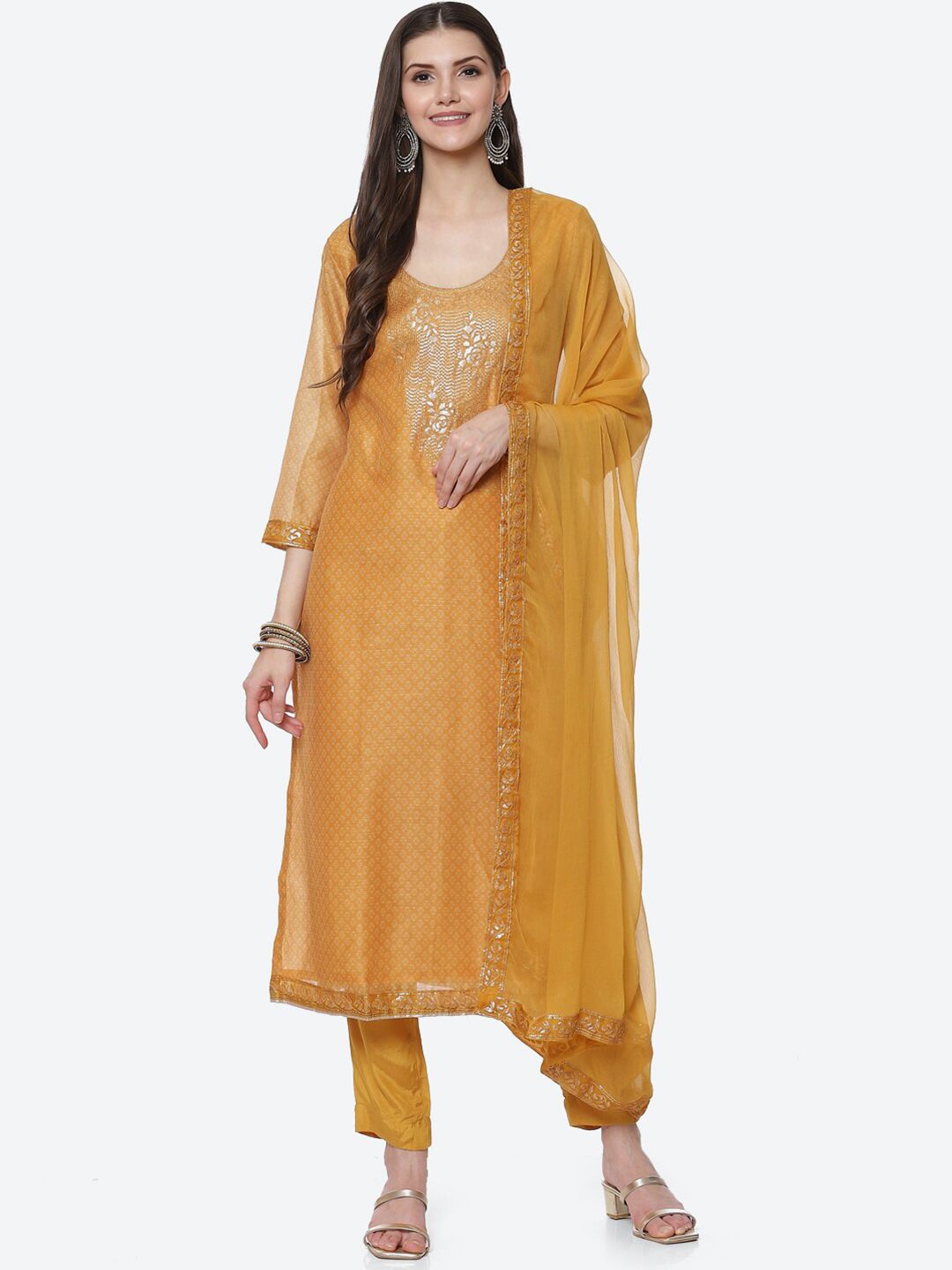 Biba Mustard Embellished Unstitched Dress Material Price in India