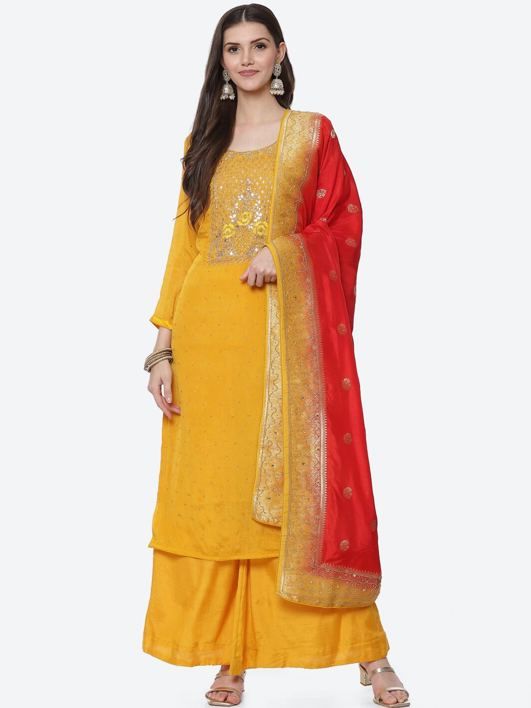 Biba Yellow & Red Embellished Unstitched Dress Material Price in India