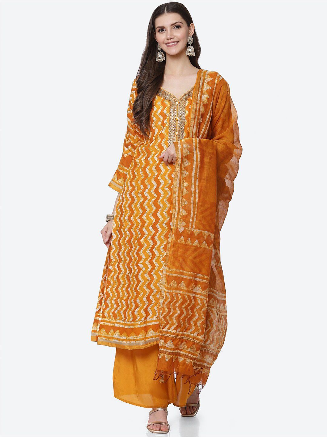 Biba Mustard & White Printed Unstitched Dress Material Price in India
