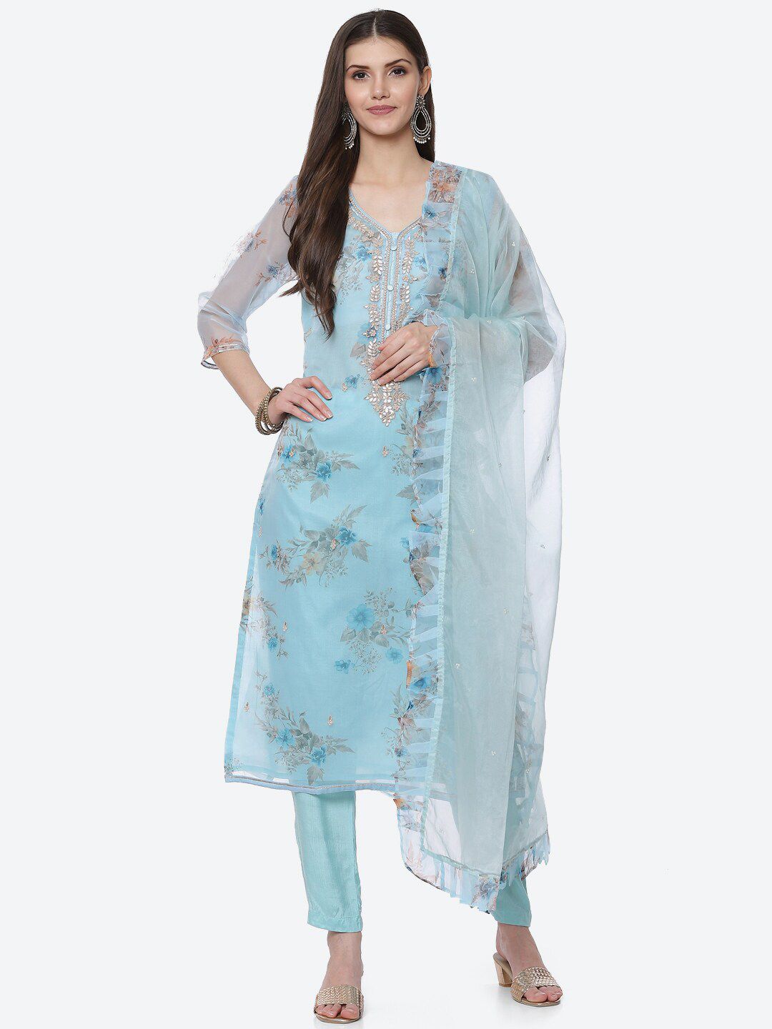 Biba Blue & Grey Organza Unstitched Dress Material Price in India