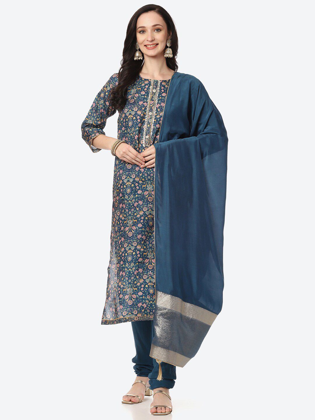 Biba Blue & Pink Printed Unstitched Dress Material Price in India