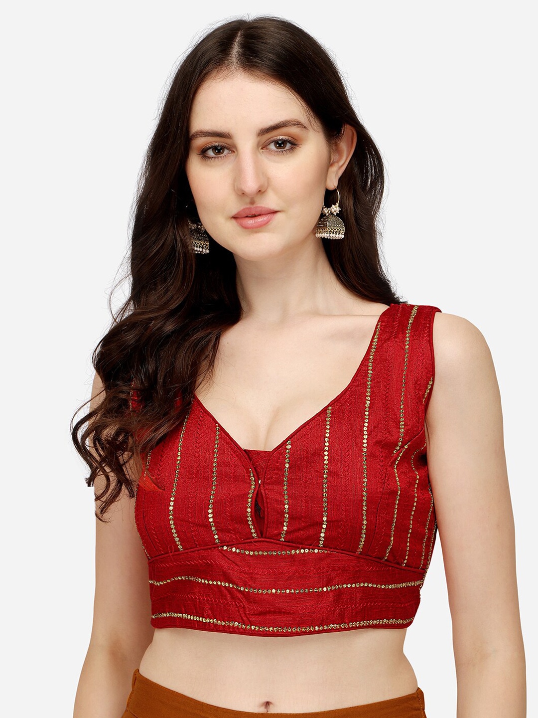 Sumaira Tex Women Red Embroidered Sleevess Padded Saree Blouse Price in India