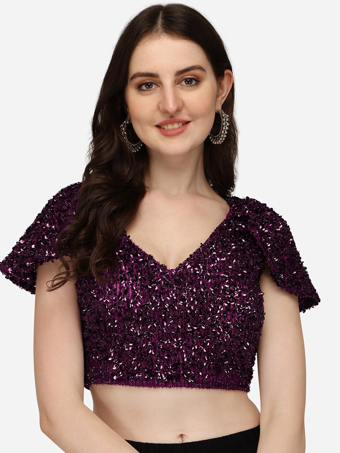 Sumaira Tex Women Violet Embroidered Padded Readymade Saree Blouse Price in India