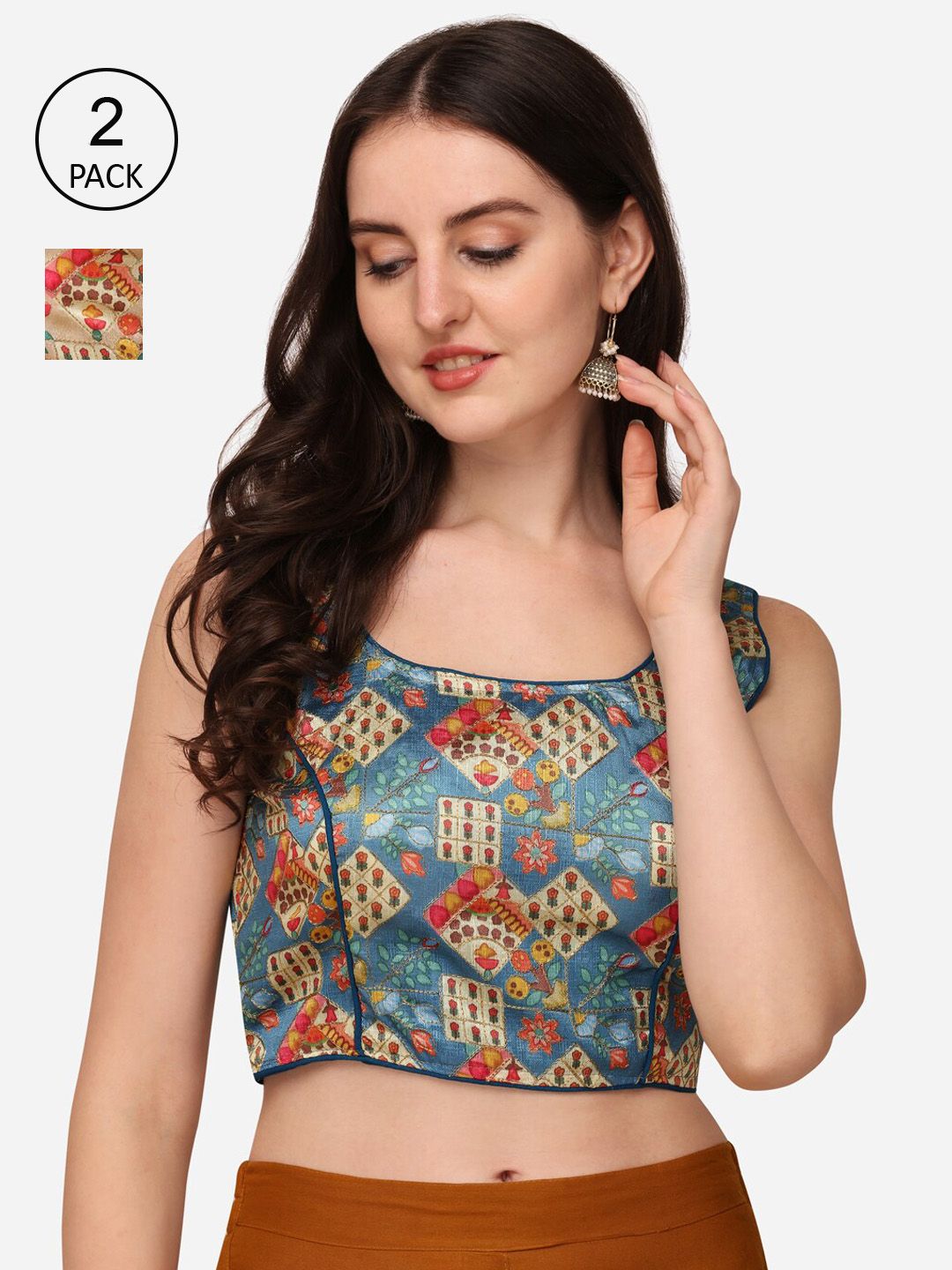 Sumaira Tex Women Set Of 2 Blue & Beige Printed Padded Saree Blouse Price in India