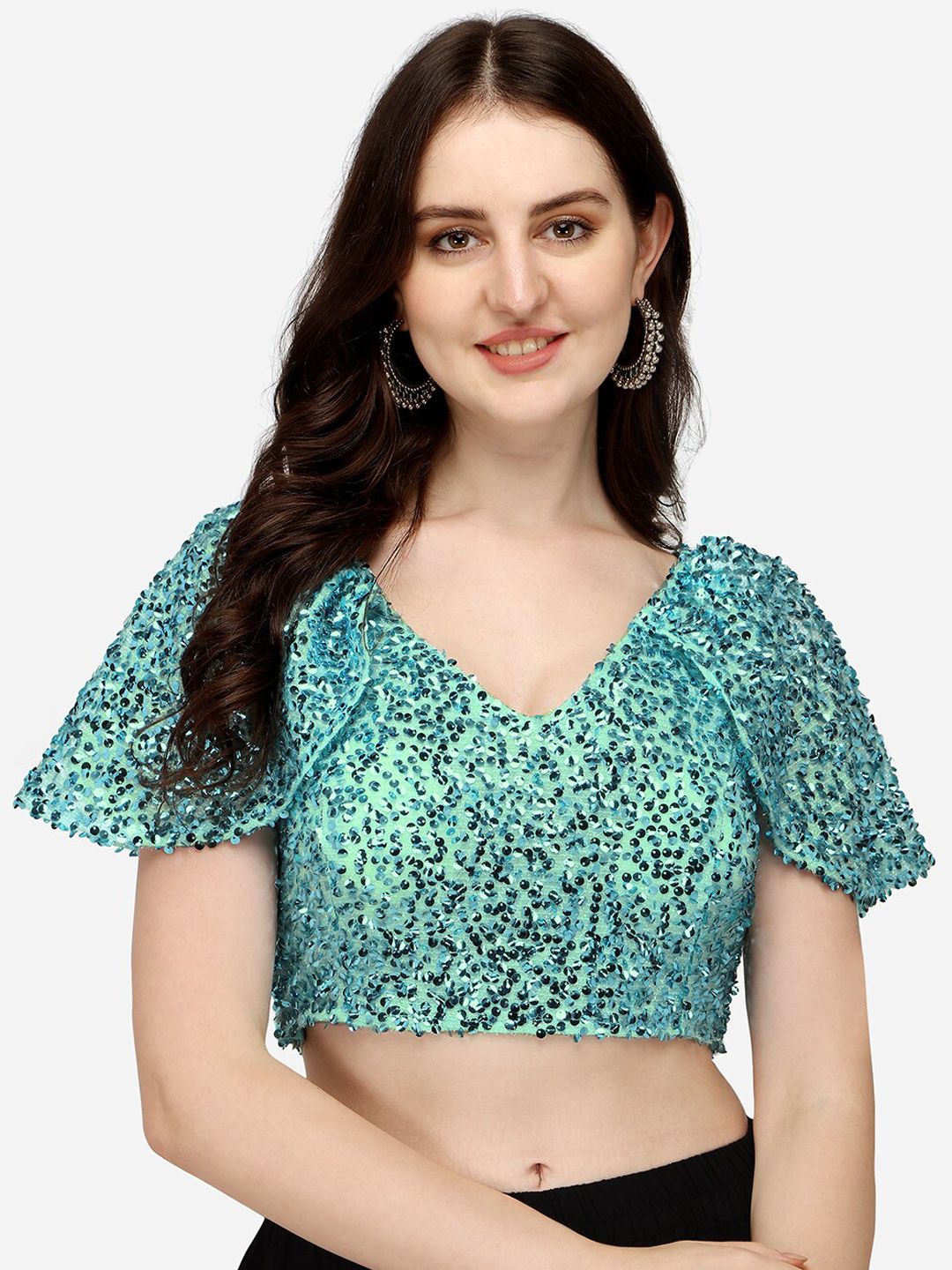 Sumaira Tex Turquoise Blue Sequinned Saree Blouse Price in India