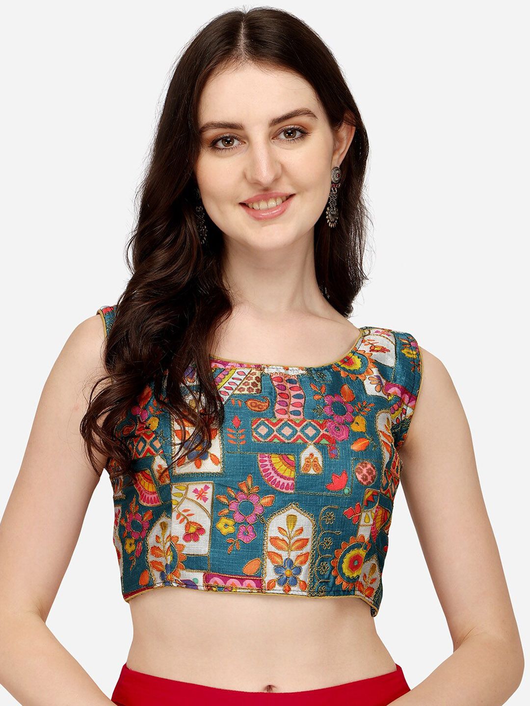 Sumaira Tex Women Turquoise Blue Digital Printed Embroidered Saree Blouse Price in India