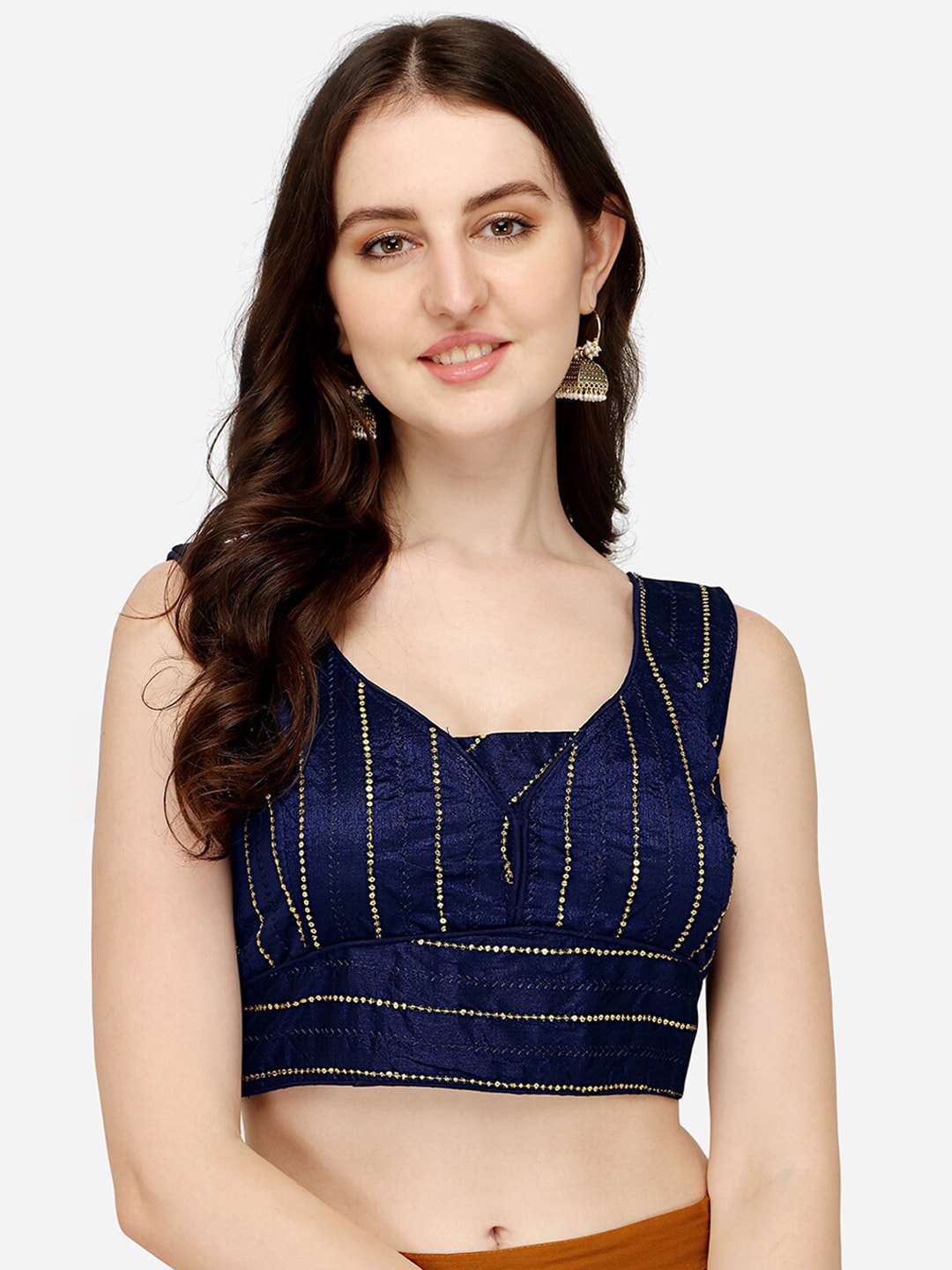 Sumaira Tex Women Navy Blue Embroidered Padded Saree Blouse Price in India