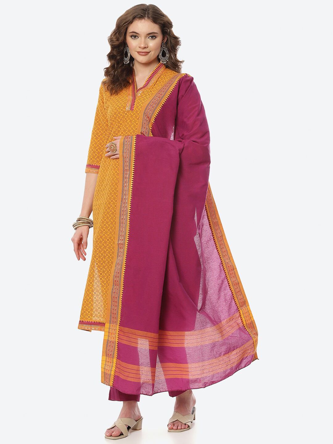 Biba Yellow & Pink Unstitched Dress Material Price in India