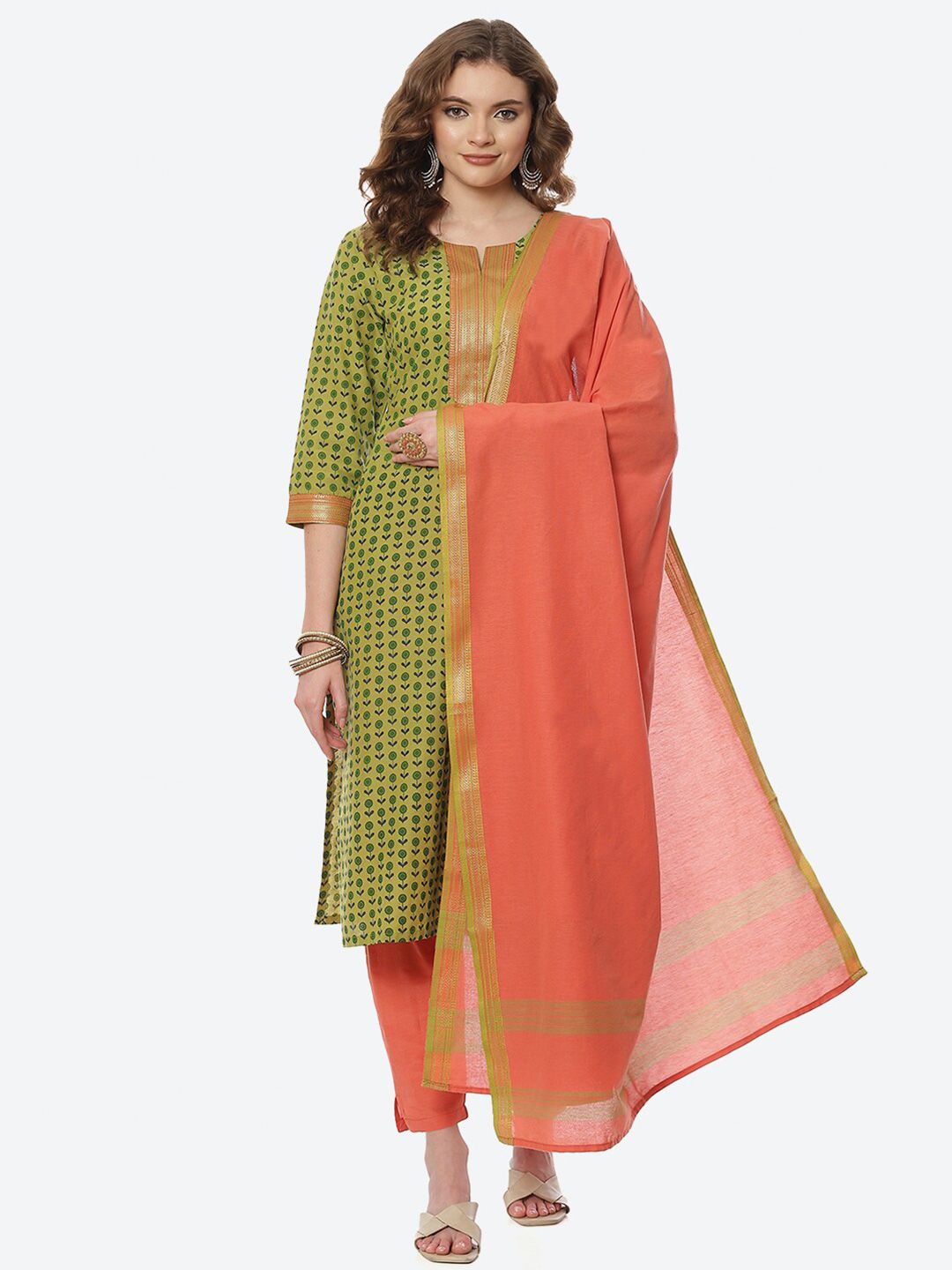 Biba Womens Green & Coral Printed Unstitched Dress Material Price in India