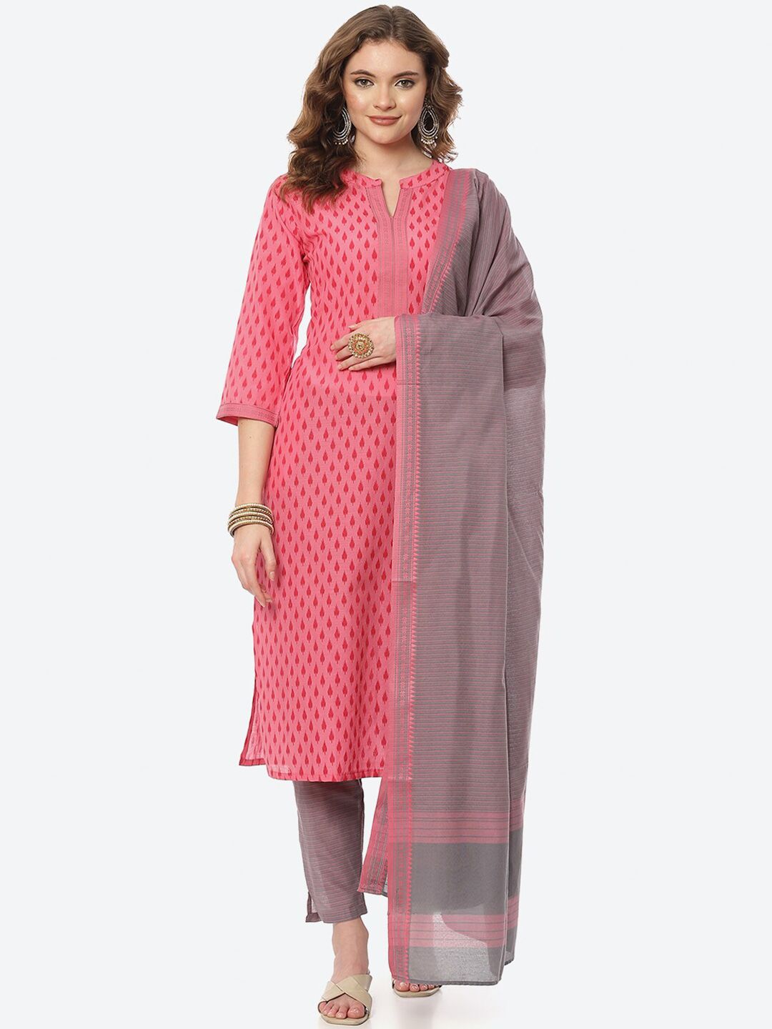 Biba Womens Pink & Grey Printed Unstitched Dress Material Price in India