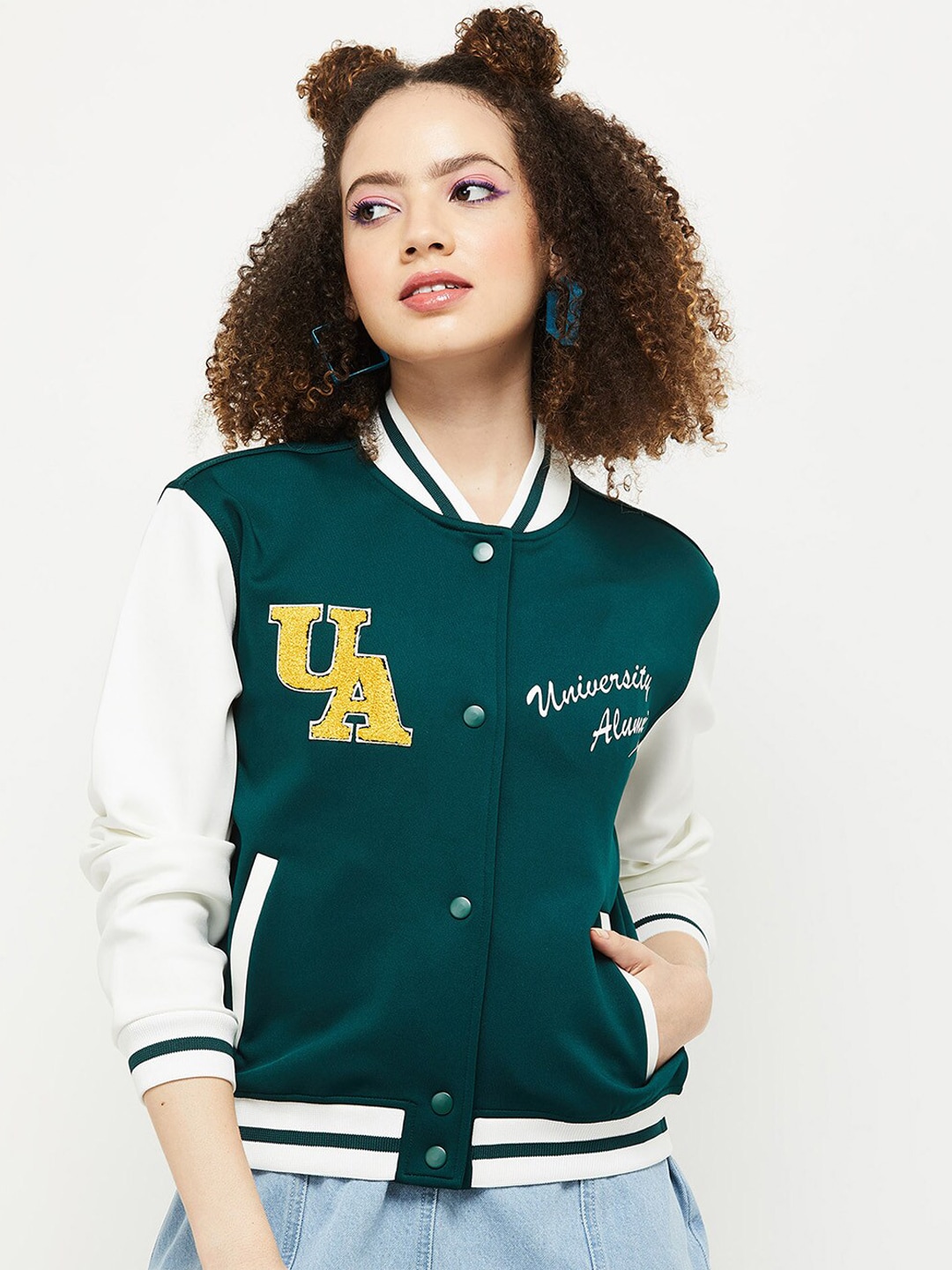 max Women Green Geometric Windcheater Crop Bomber with Embroidered Jacket Price in India