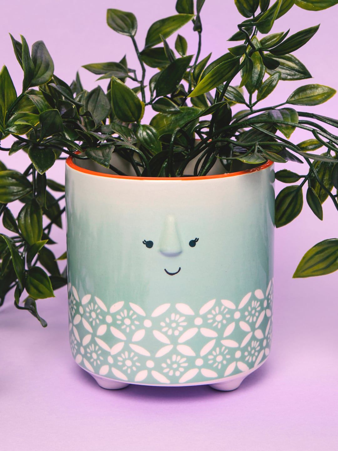 KitchenCraft Green & White Printed Ceramic Floral Face Planter Price in India