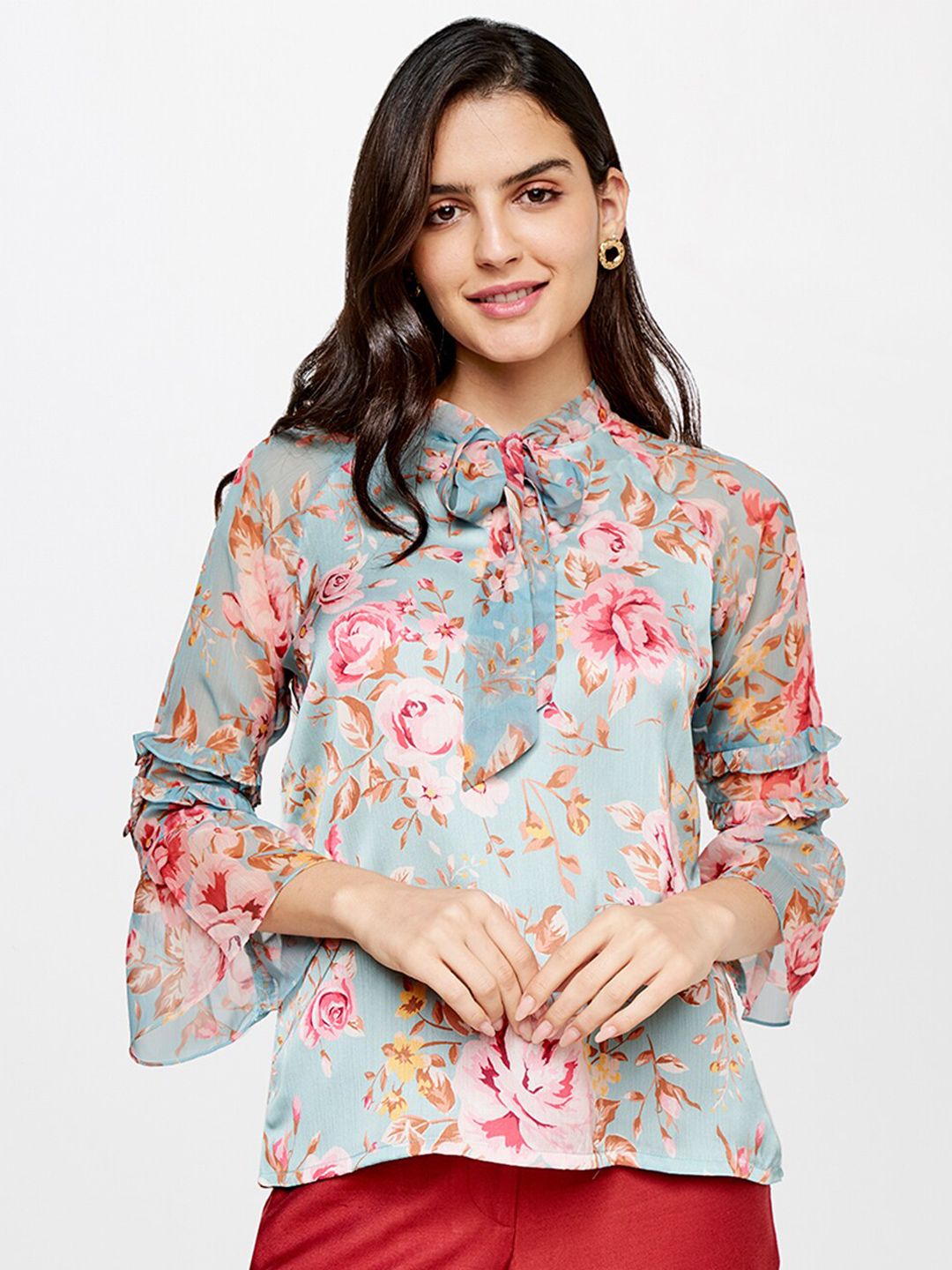 AND Women Blue & Red Floral Print Tie-Up Neck Top Price in India