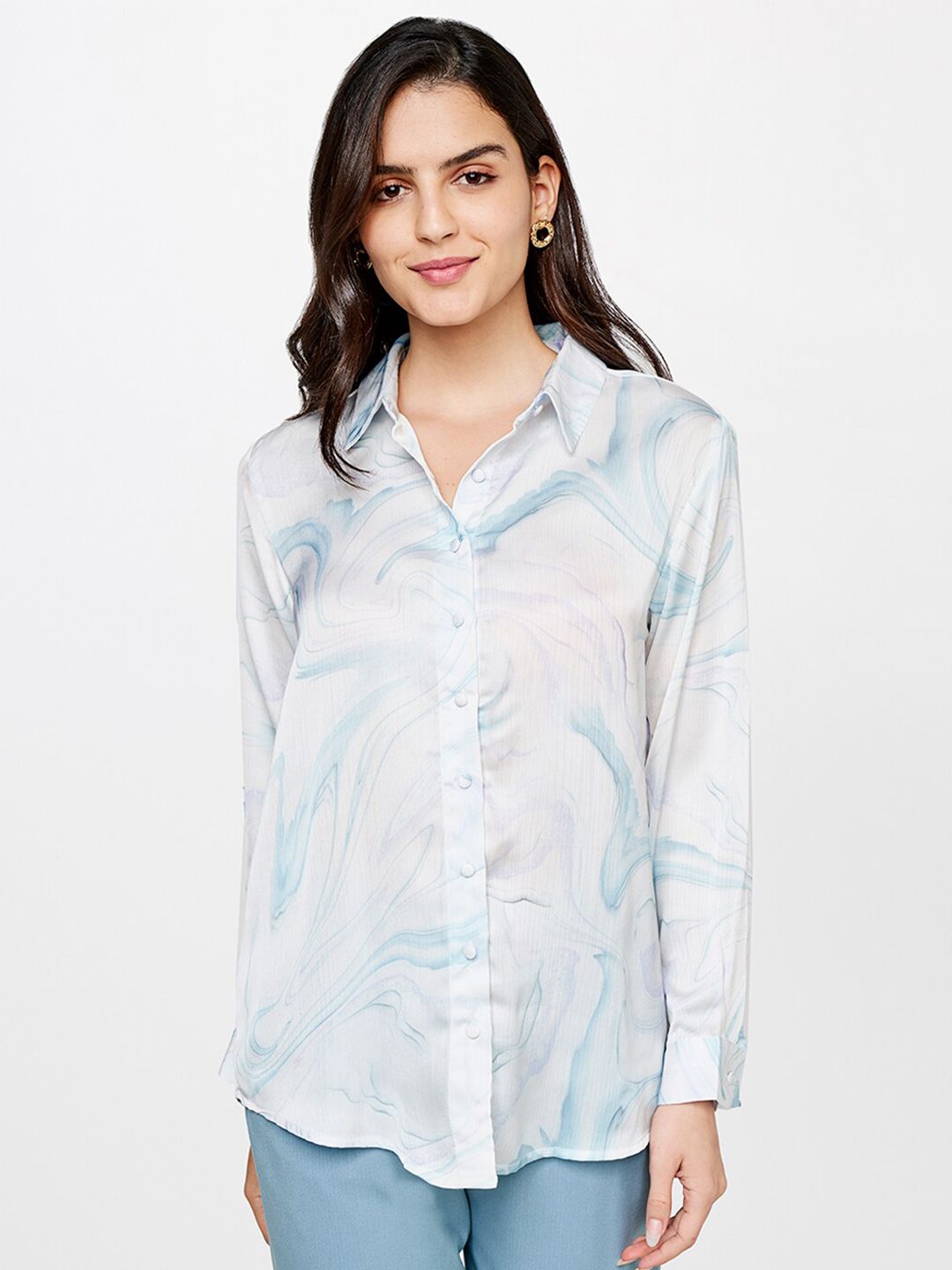 AND Women White & Blue Printed Shirt Style Top Price in India