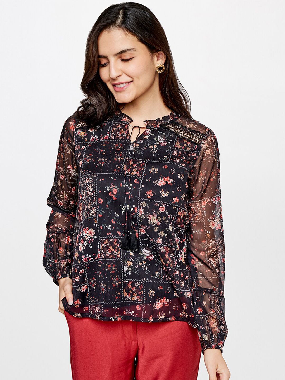 AND Women Black and Pink Floral Printed Top Price in India