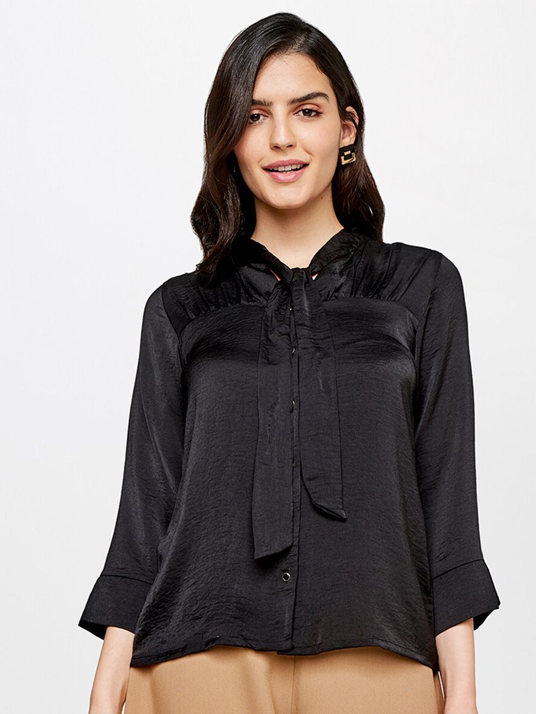 AND Black Shirt Collar Three Quarter Sleeves Top Price in India