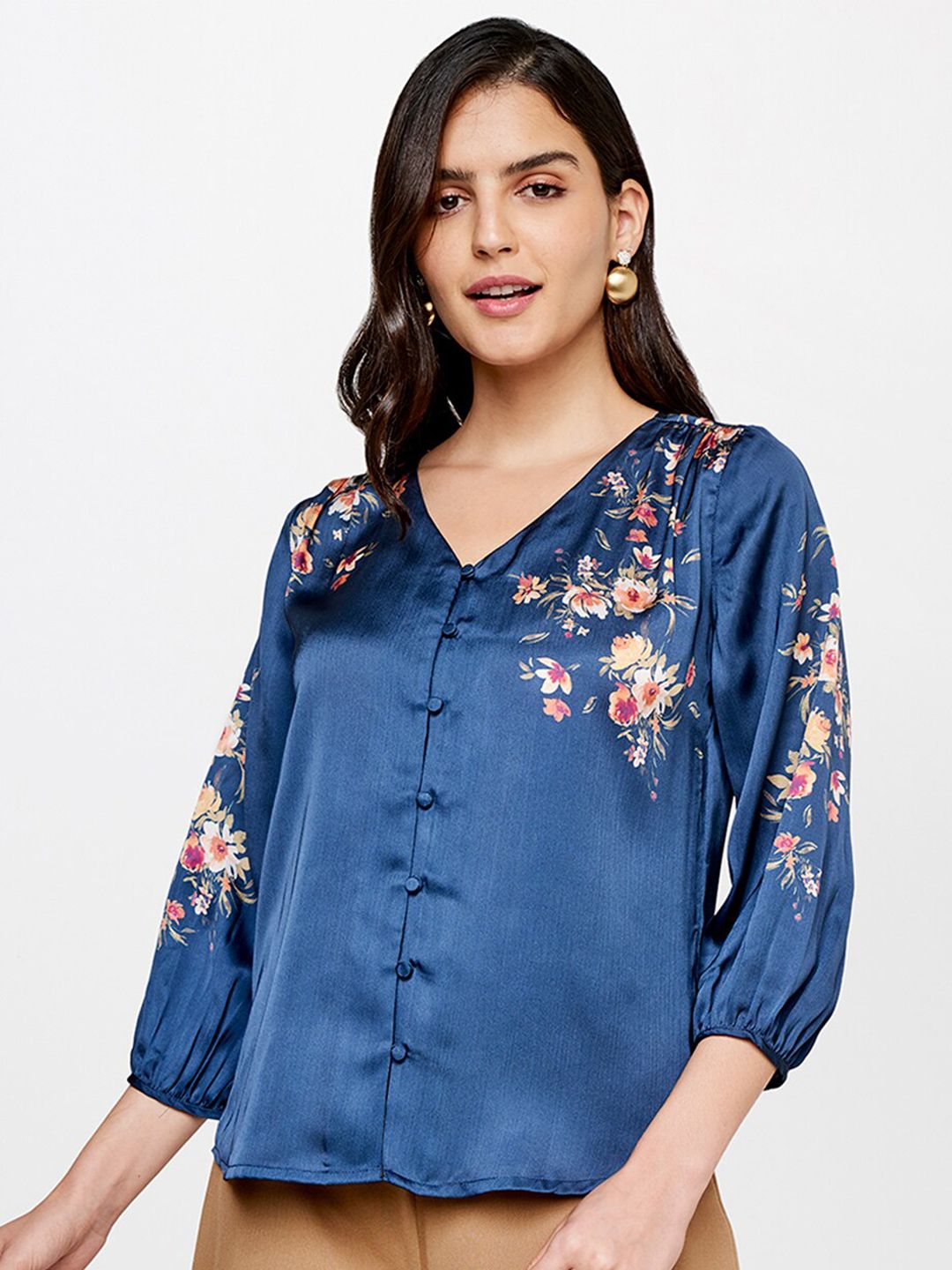AND Blue & Pink Floral Print Shirt Style Top Price in India