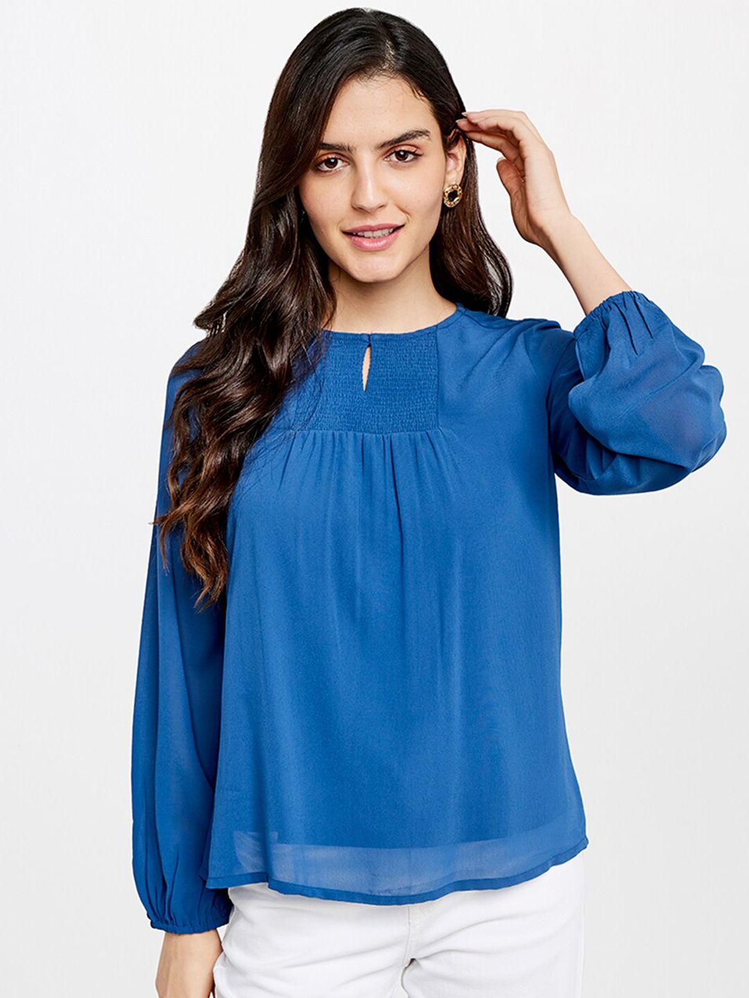 AND Women Blue Keyhole Neck Top Price in India
