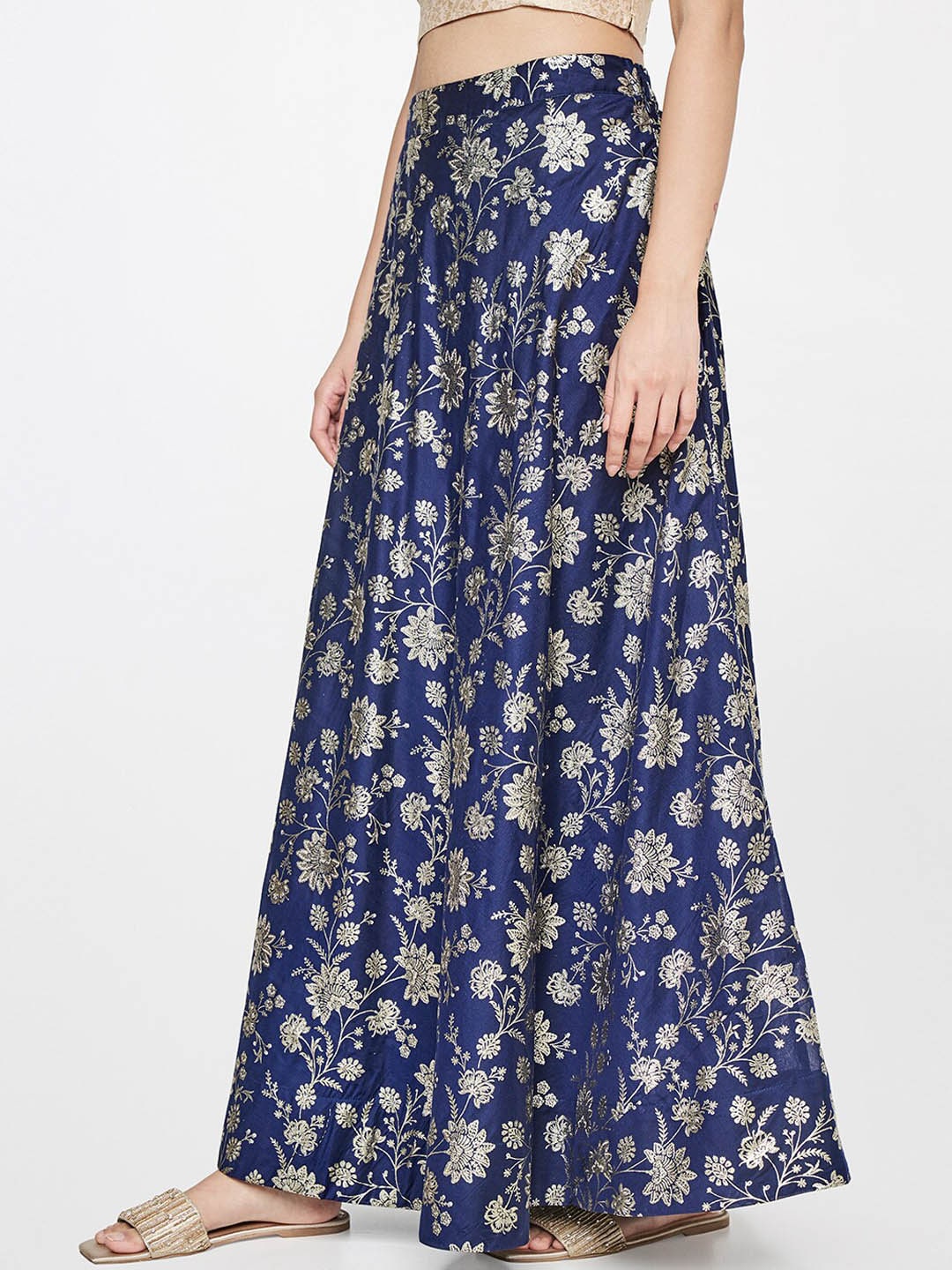 Global Desi Women Blue Floral Printed Flared Maxi Skirt Price in India