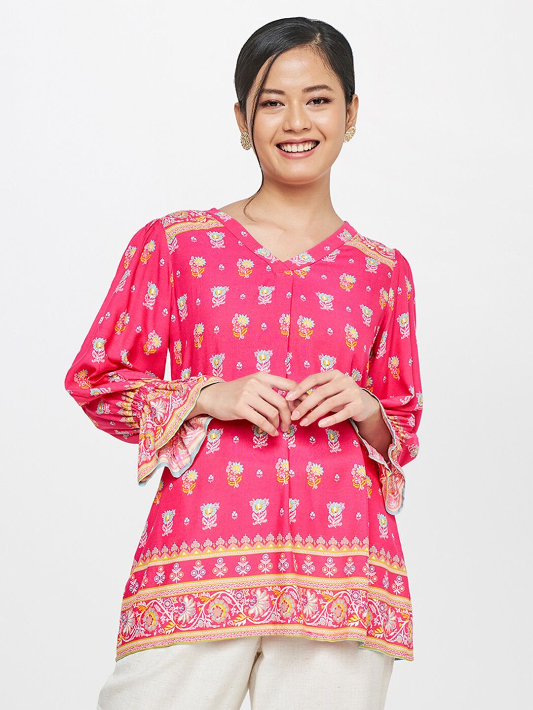 Global Desi Pink Printed Longline Top Price in India