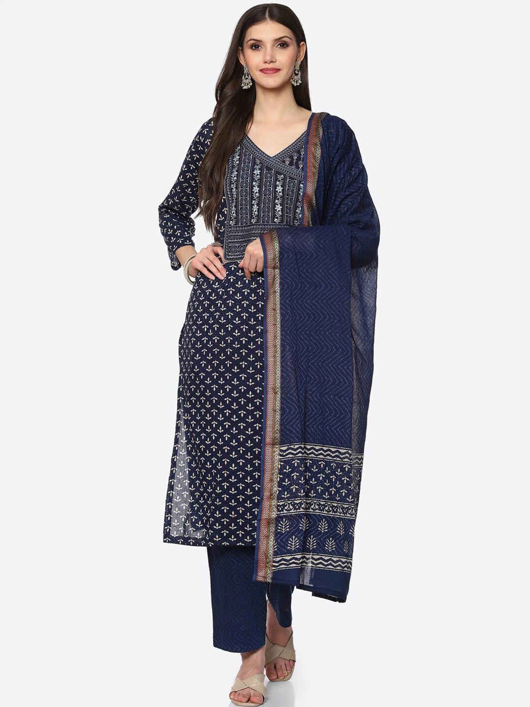 Biba Women Blue & Off White Unstitched Dress Material Price in India
