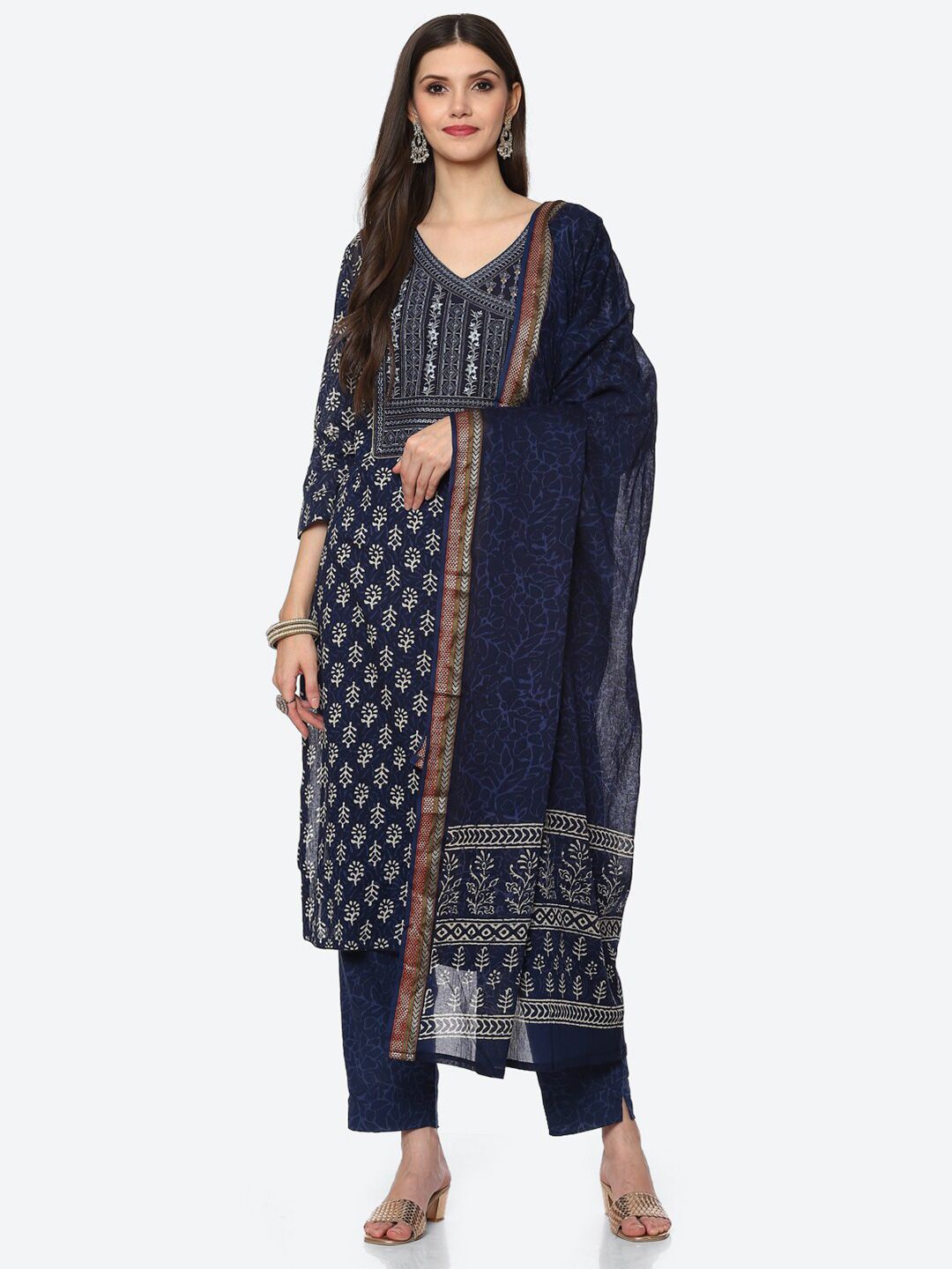 Biba Blue & Beige Printed Unstitched Dress Material Price in India