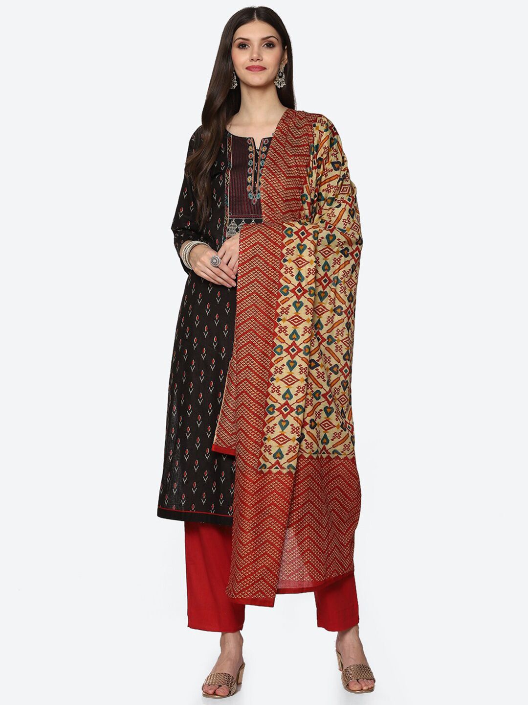Biba Black & Red Printed Unstitched Dress Material Price in India