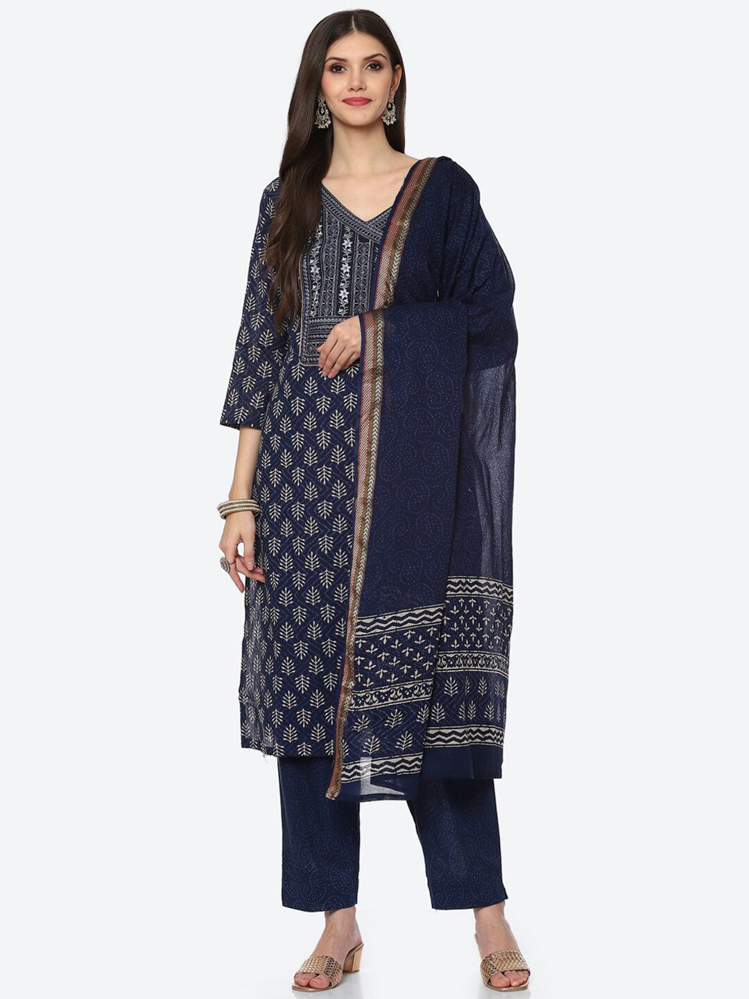 Biba Women Blue Embroidered Yoke Design Unstitched Dress Material Price in India