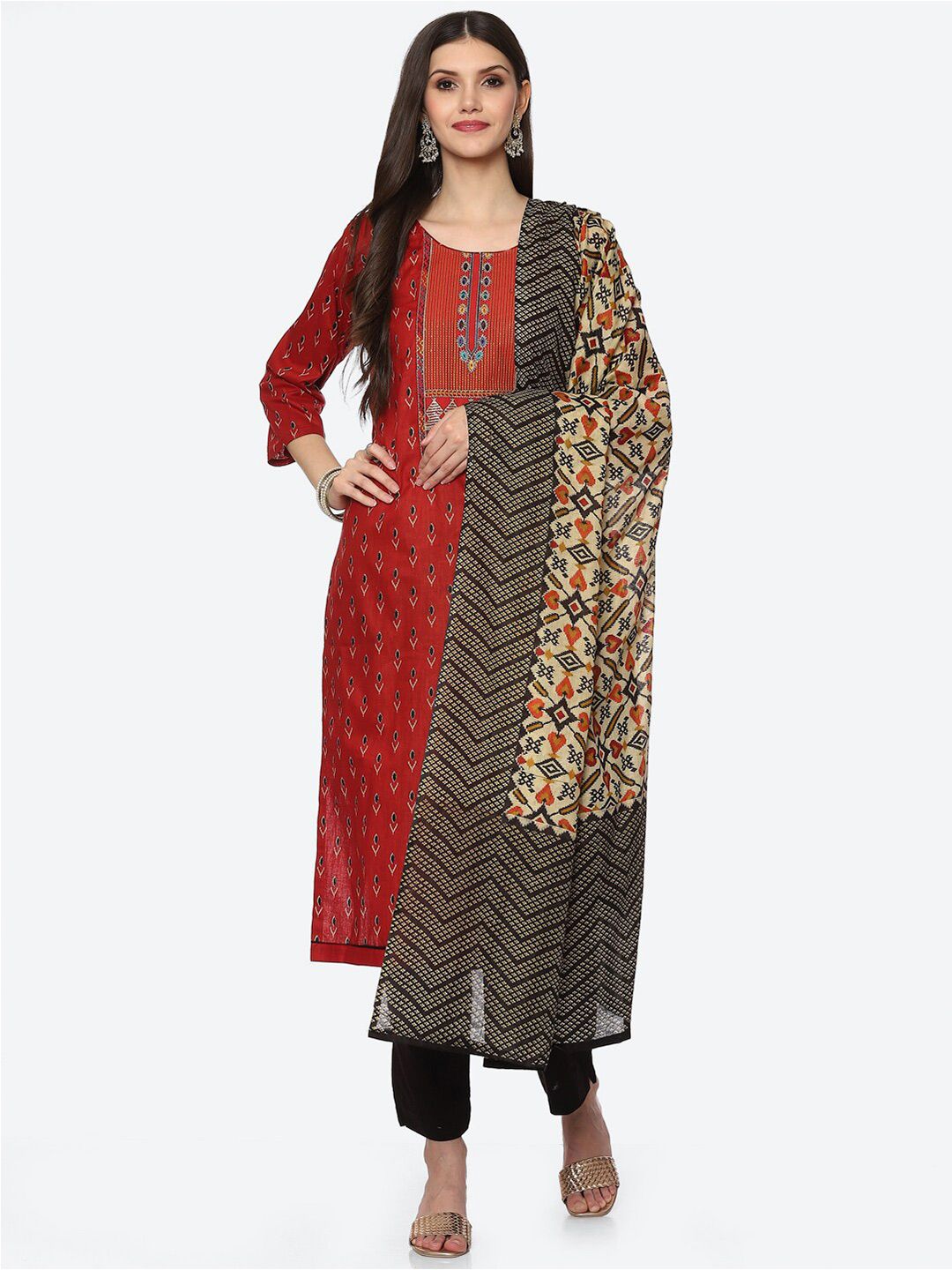 Biba Red & Black Printed Unstitched Dress Material Price in India