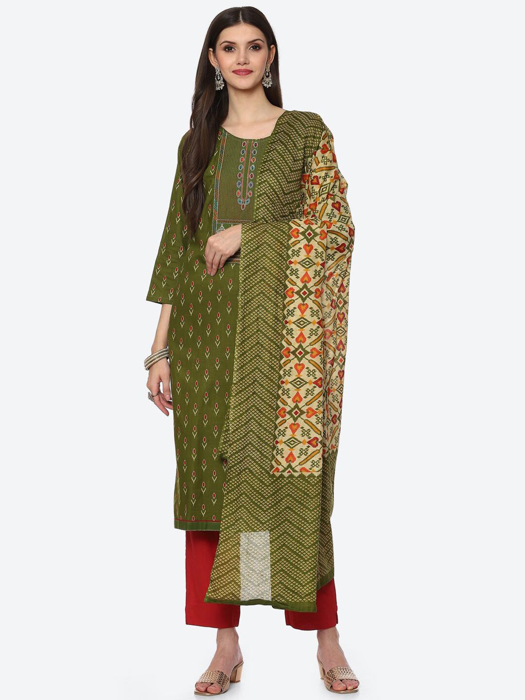Biba Green & Red Printed Unstitched Dress Material Price in India