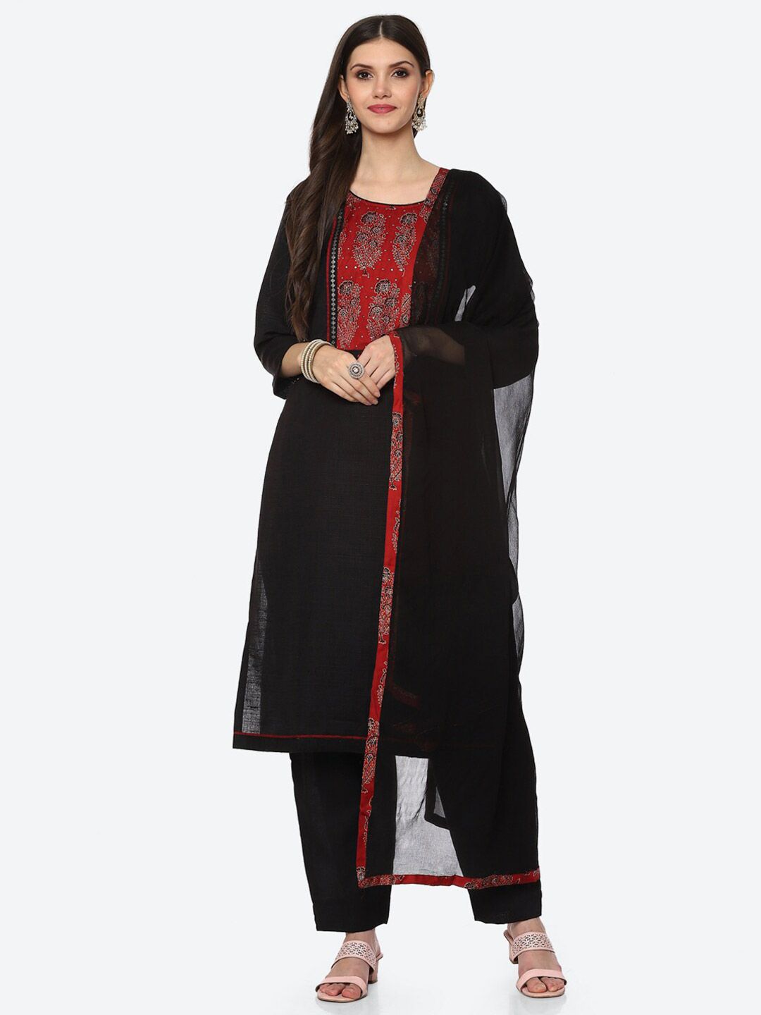 Biba Black & Red Unstitched Dress Material Price in India
