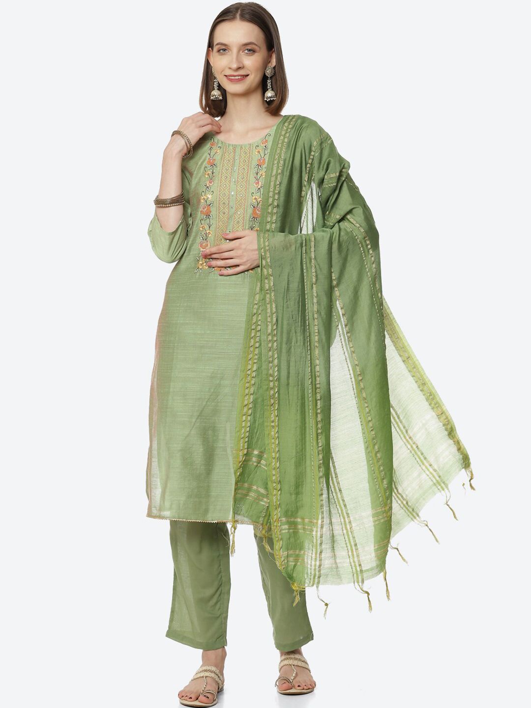 Biba Green & Gold-Toned Unstitched Dress Material Price in India