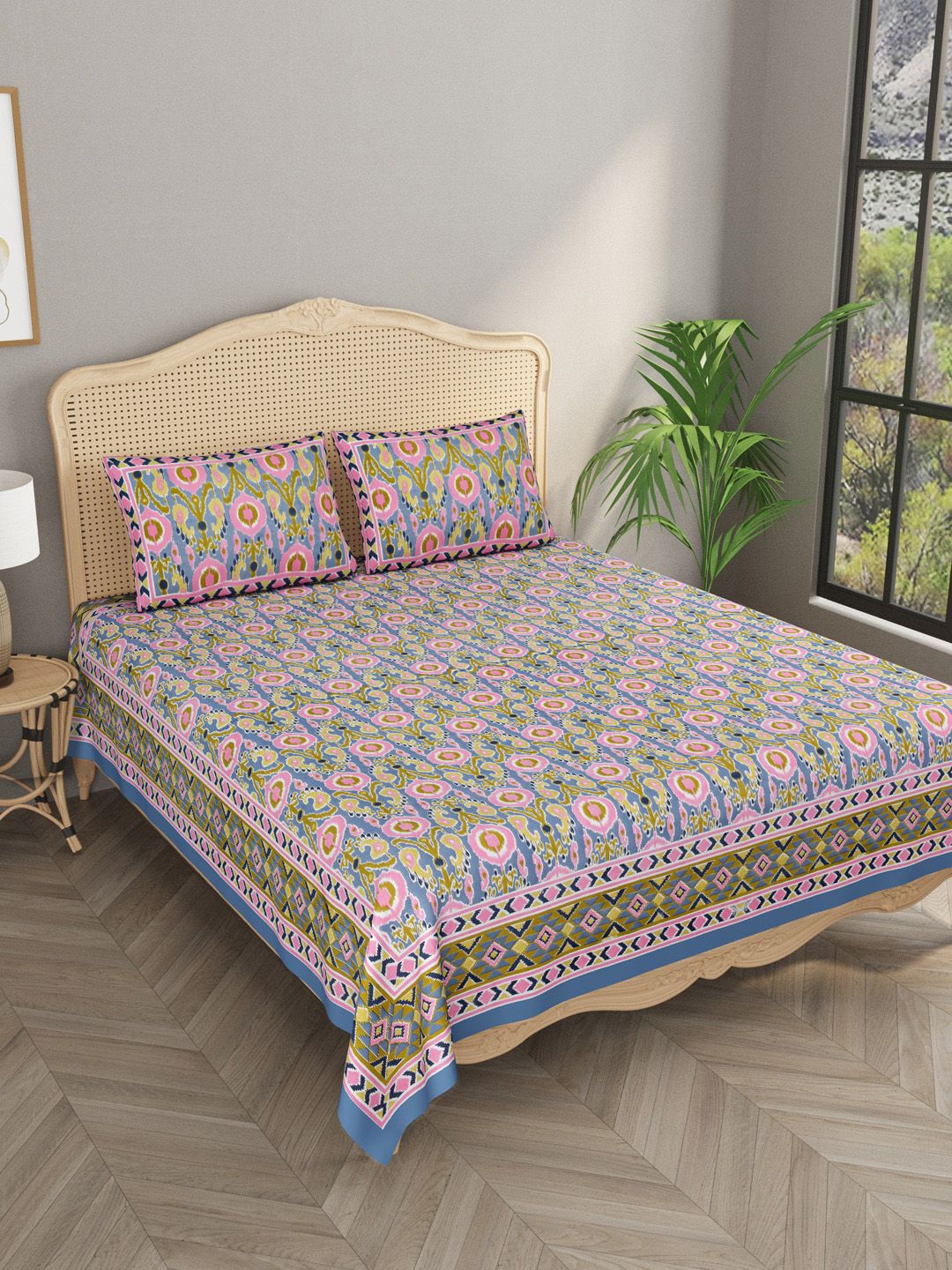 Gulaab Jaipur Blue & Pink 600 TC King Bedsheet with 2 Pillow Covers Price in India