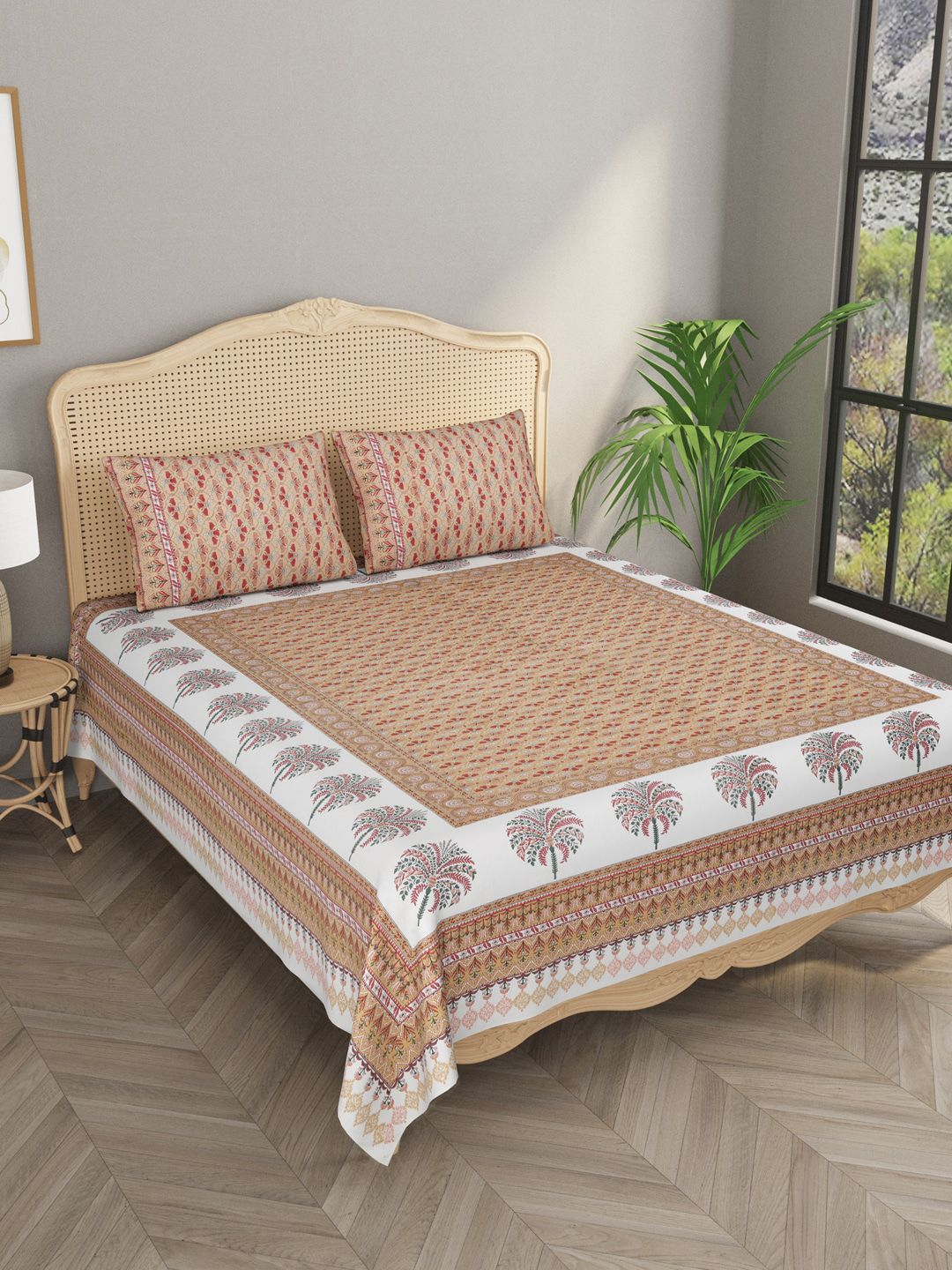 Gulaab Jaipur Beige & White Ethnic Motifs 600 TC King Bedsheet with 2 Pillow Covers Price in India