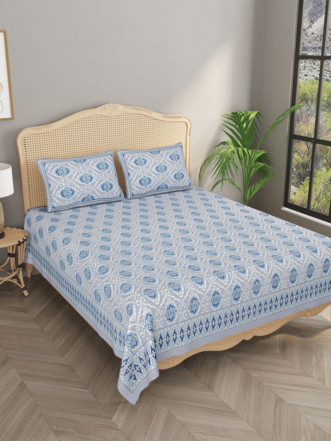 Gulaab Jaipur Blue & Off White Ethnic Motifs 600 TC King Bedsheet with 2 Pillow Covers Price in India