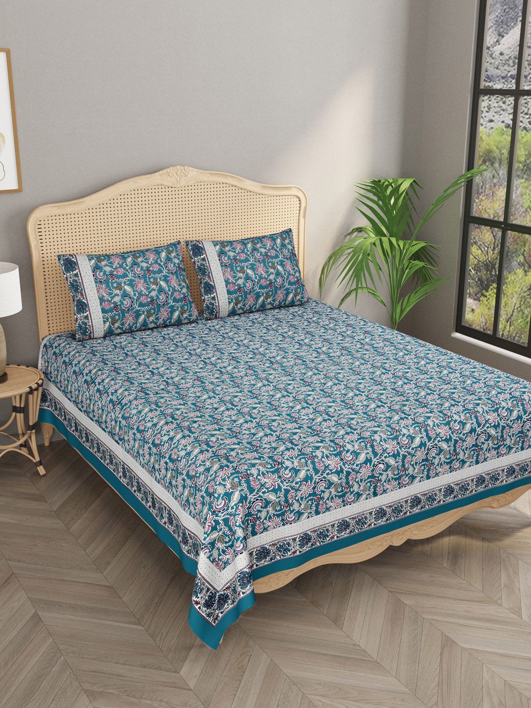 Gulaab Jaipur Unisex Blue &White Floral Printed 600 TC Cotton Bedsheet With 2 Pillowcovers Price in India