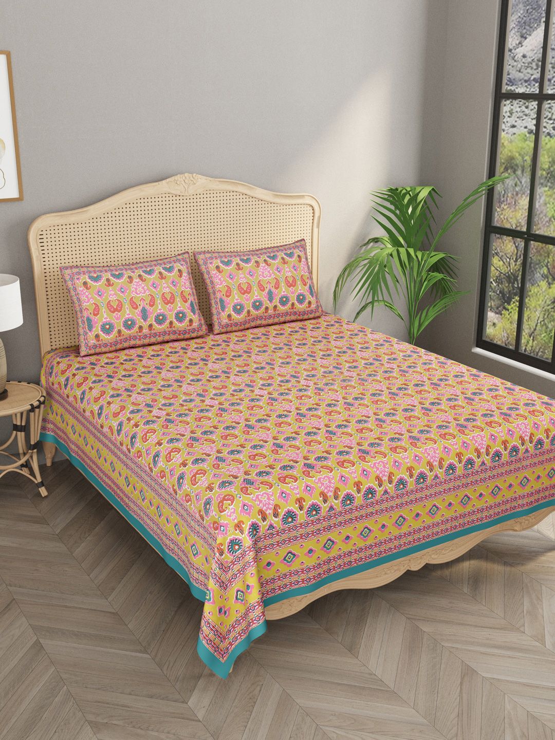 Gulaab Jaipur Green & Pink Ethnic Motifs 600 TC King Bedsheet with 2 Pillow Covers Price in India