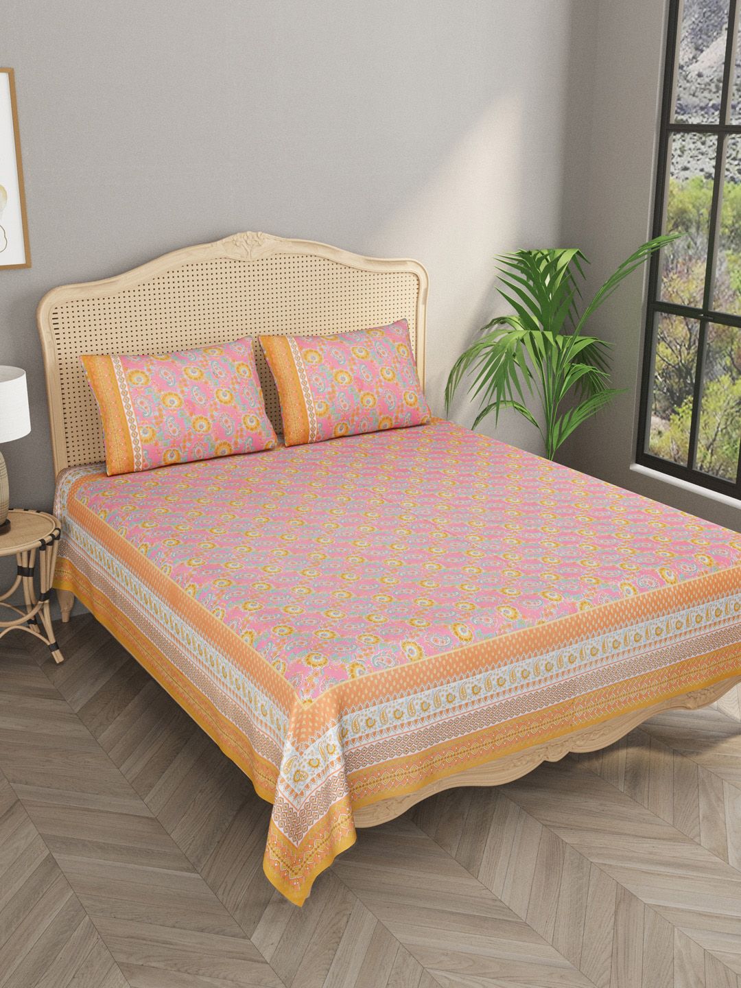Gulaab Jaipur Unisex Orange 600 TC Superfine Cotton King Size Bedsheet Price in India