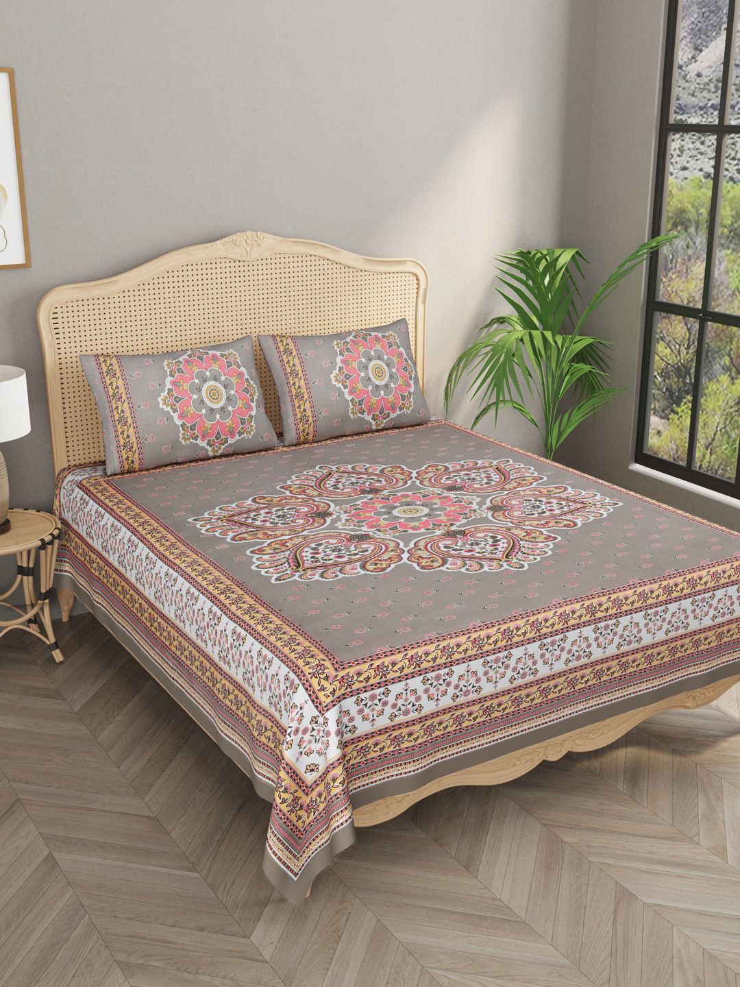 Gulaab Jaipur Unisex Orange & Grey 600 TC Superfine Cotton King Size Bedsheet Price in India