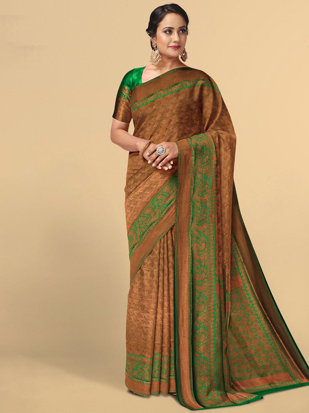 Kalamandir Green & Copper-Toned Floral Zari Silk Blend Saree Price in India