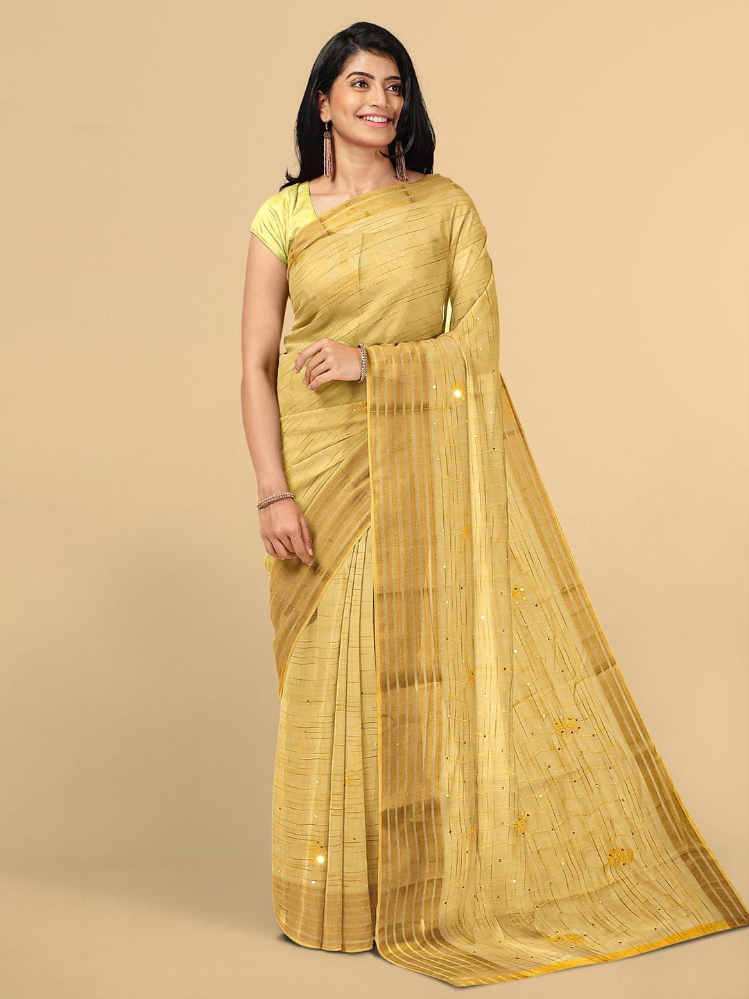 Kalamandir Yellow Striped Silk Blend Saree Price in India