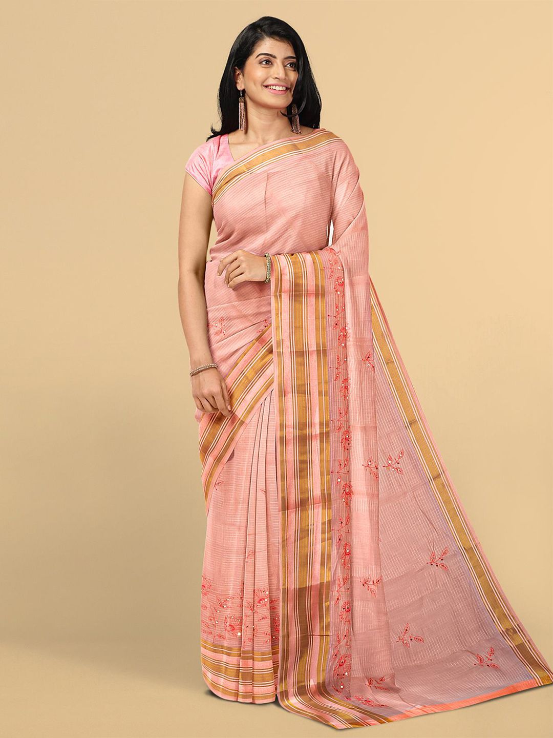 Kalamandir Peach-Coloured & Gold-Toned Floral Silk Blend Saree Price in India